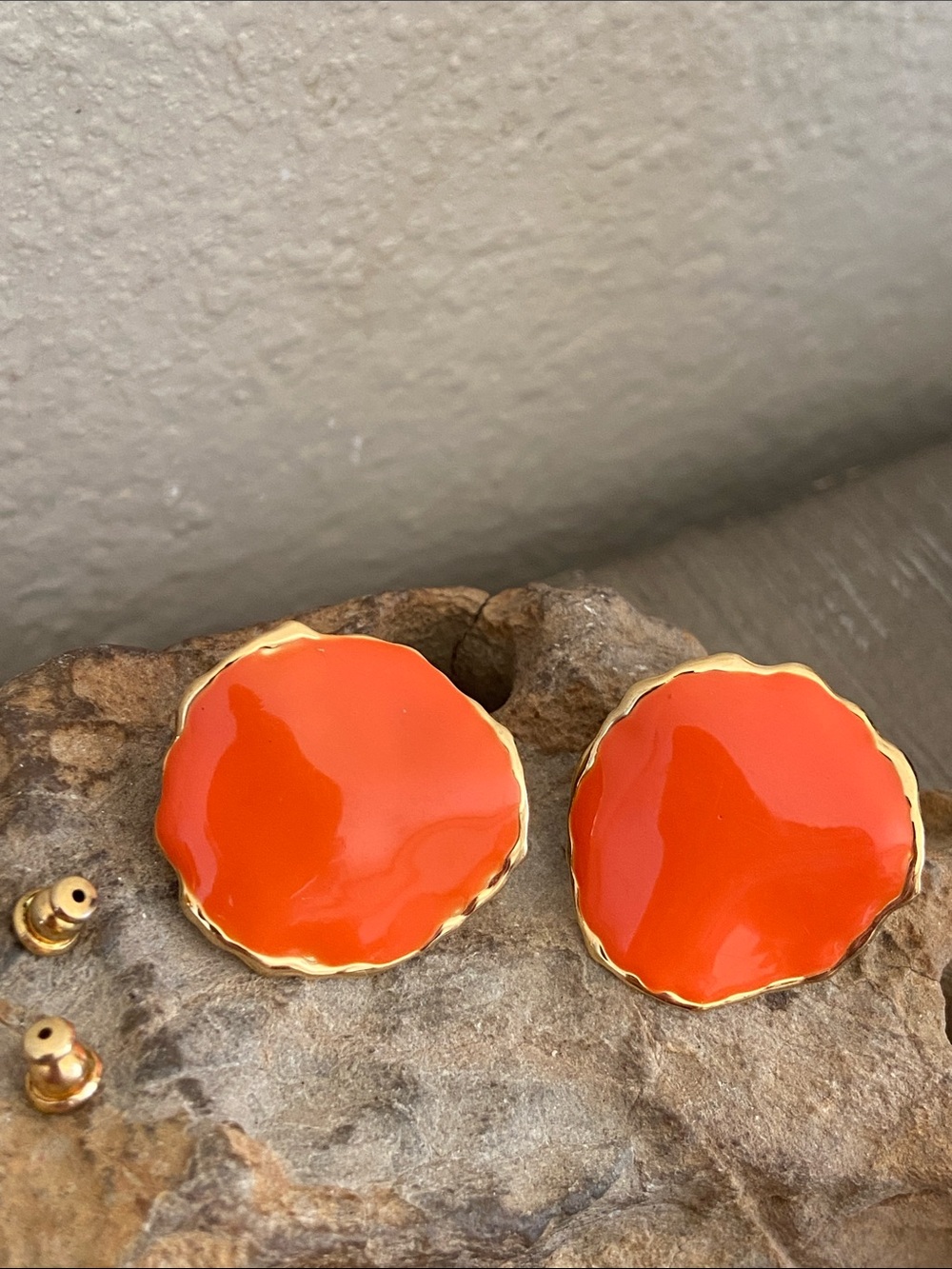 Vintage 80s Gold-Trim Orange Enamel Button Stud Earrings